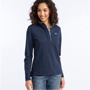 LL Bean Quarter Button Henley Rugby Pullover Navy Blue Womens Size L
